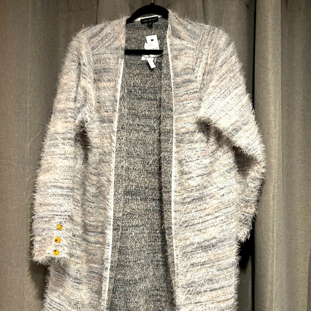 Gray, white, and pink cardigan